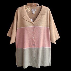 Brownstone Studio women plus size 1X short sleeve knit top 100% silk tan pink